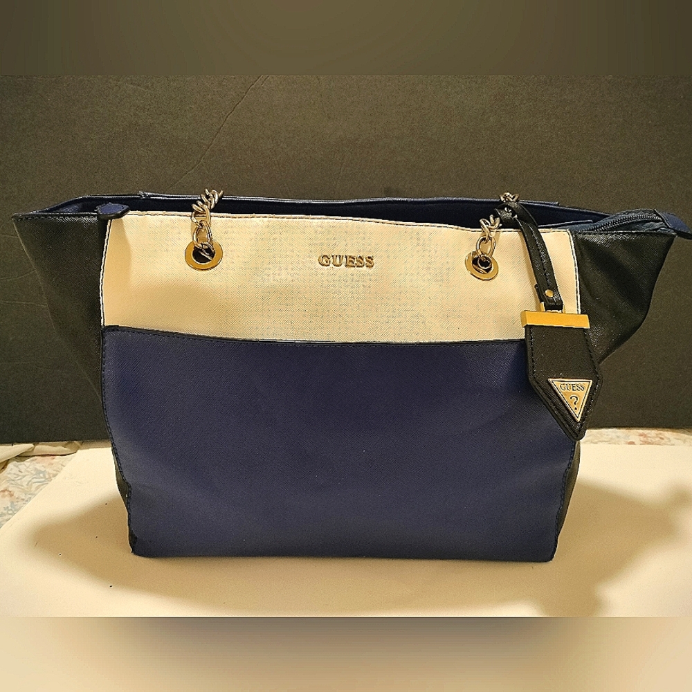 Guess Bag Blue White and Black Tote Large with Charm Logo